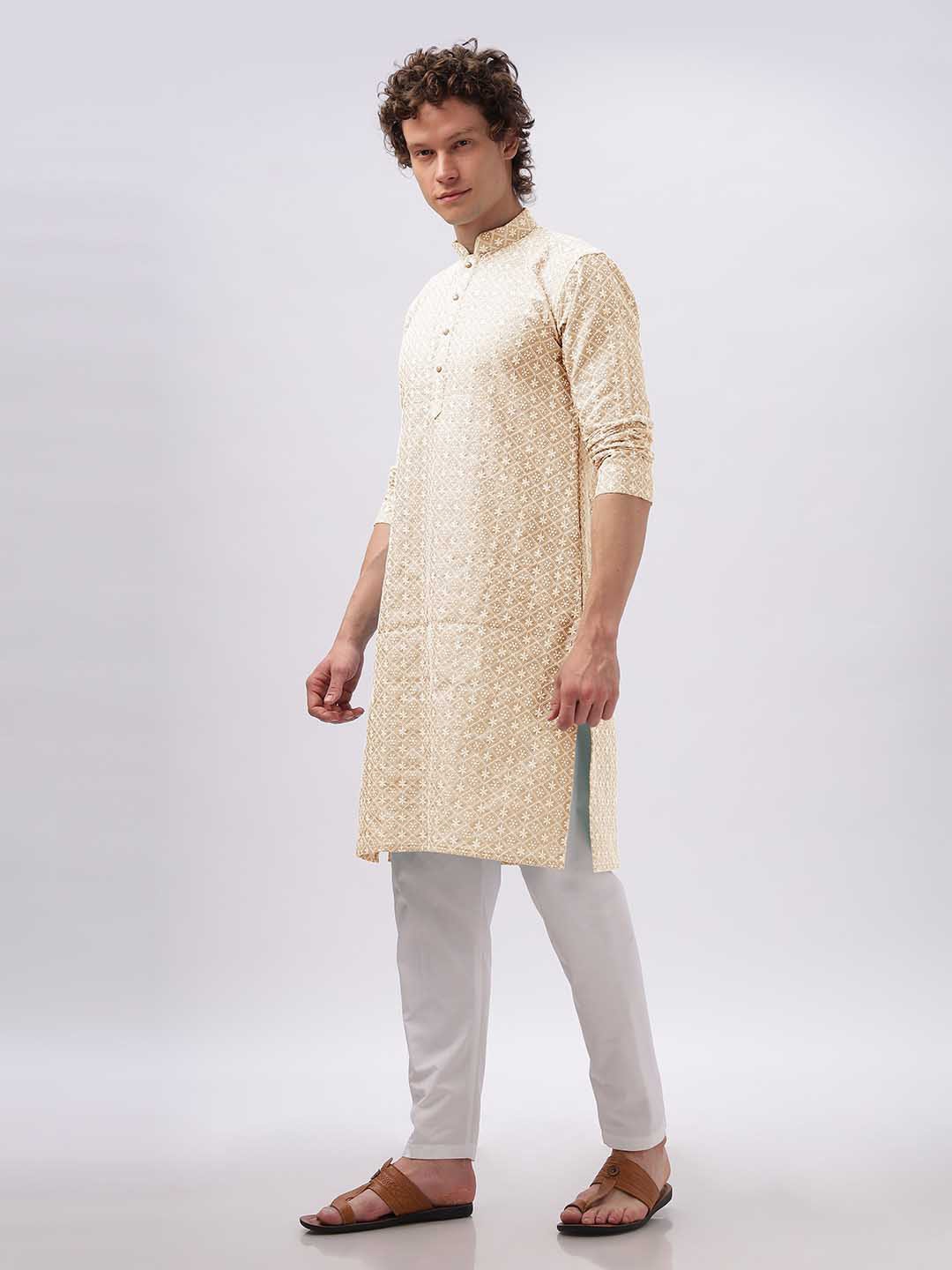 

Anouk Green Floral Embroidered Mandarin Collar Cotton Straight Kurta, Beige