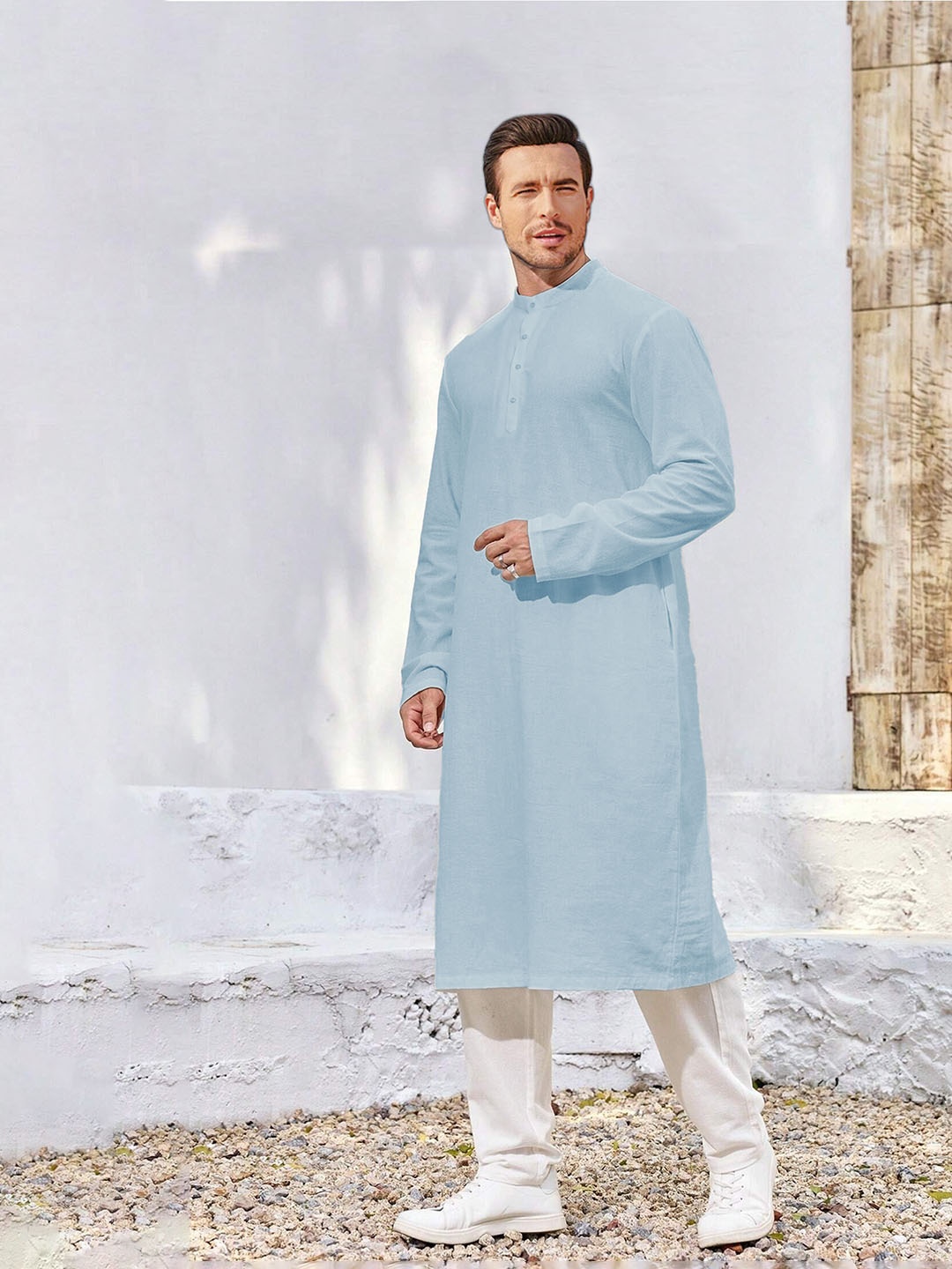 

Anouk Men Blue Band Collar Straight Kurta