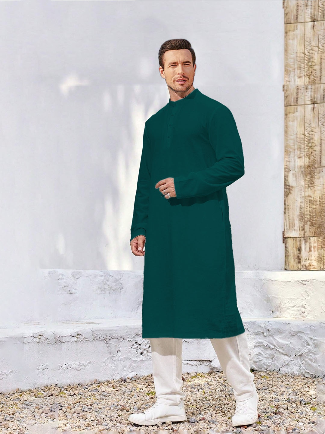

Anouk Teal Band Collar Cotton Straight Kurta