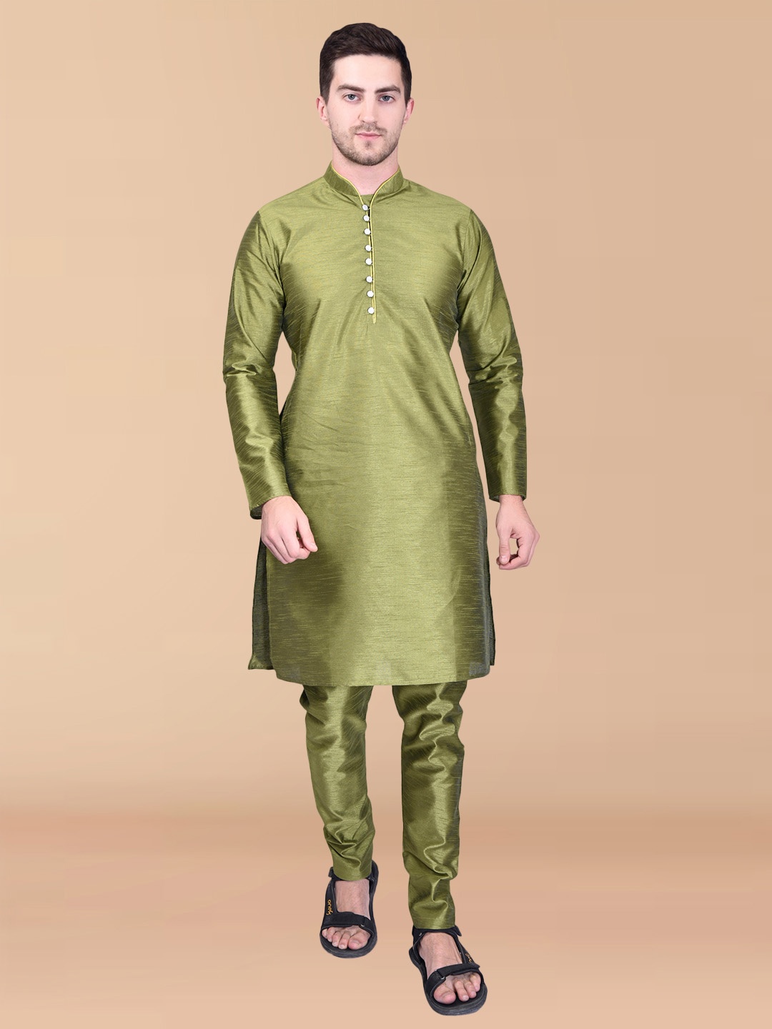 

RAASA DRAPES Mandarin Collar Pure Silk Straight Kurta with Churidar, Green