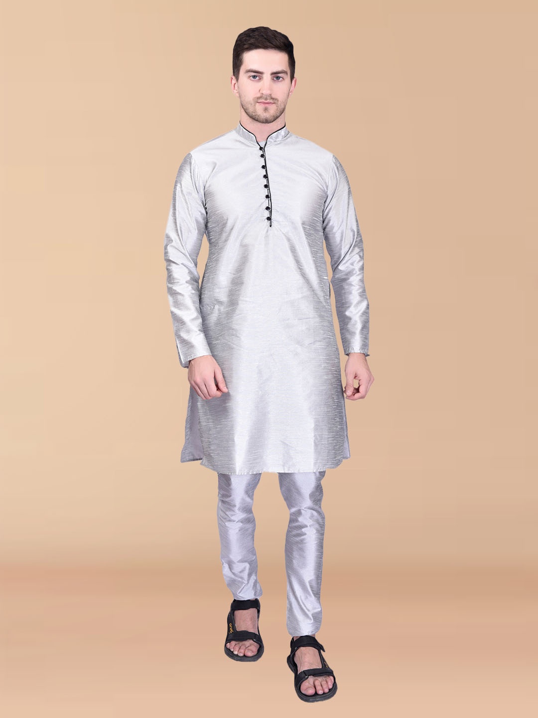 

RAASA DRAPES Mandarin Collar Pure Silk Straight Kurta with Churidar, Silver