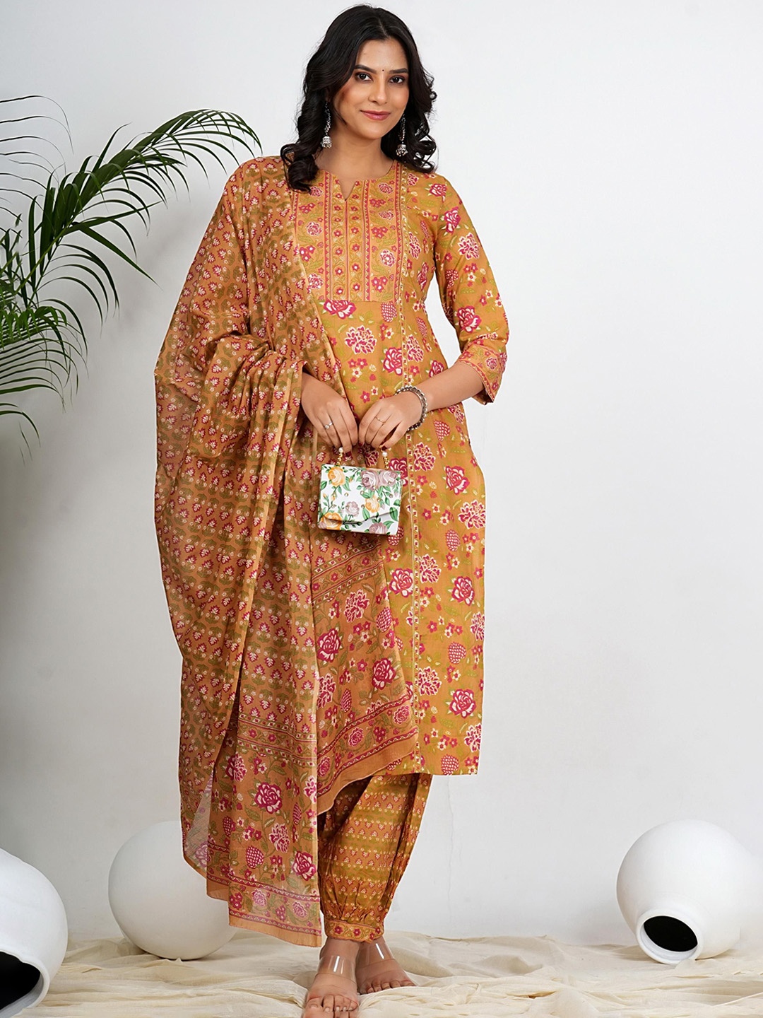 

Vbuyz Orange Floral Printed Sequinned Pure Cotton Straight Kurta With Patiala & Dupatta