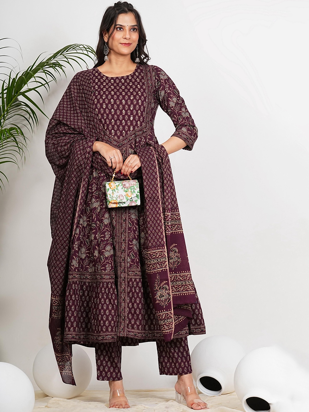 

Vbuyz Burgundy Floral Printed Sequinned Pure Cotton Anarkali Kurta With Trousers & Dupatta