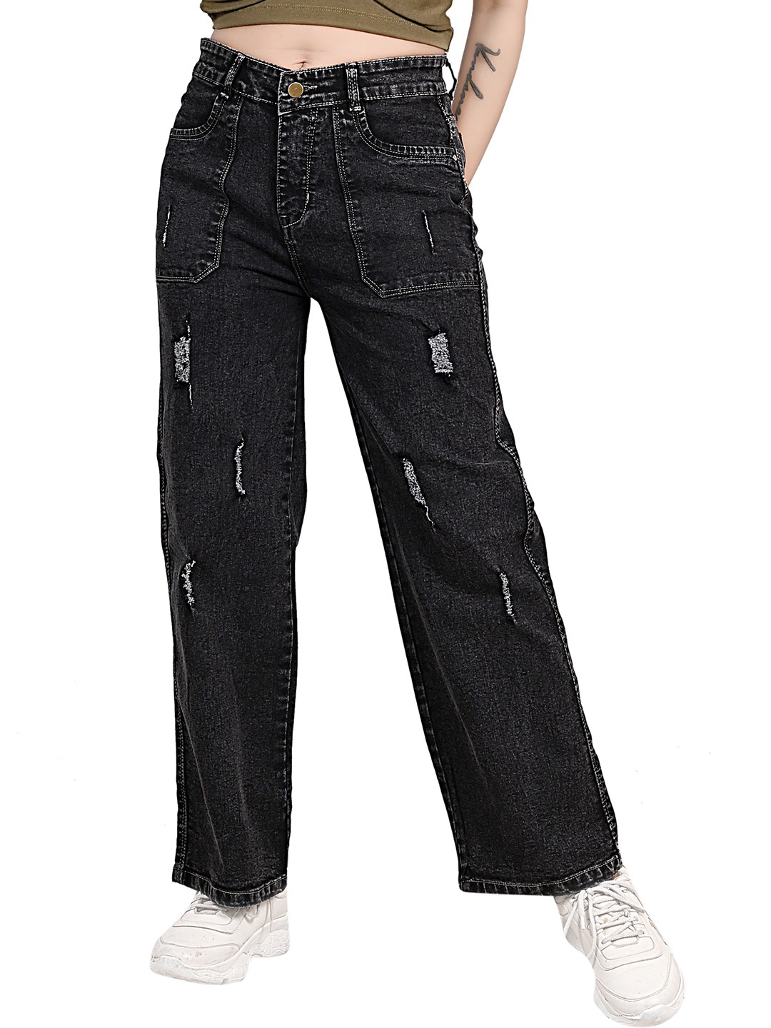 

Hayler Women Cotton High-Rise Straight Fit Mildly Distressed Jeans, Black