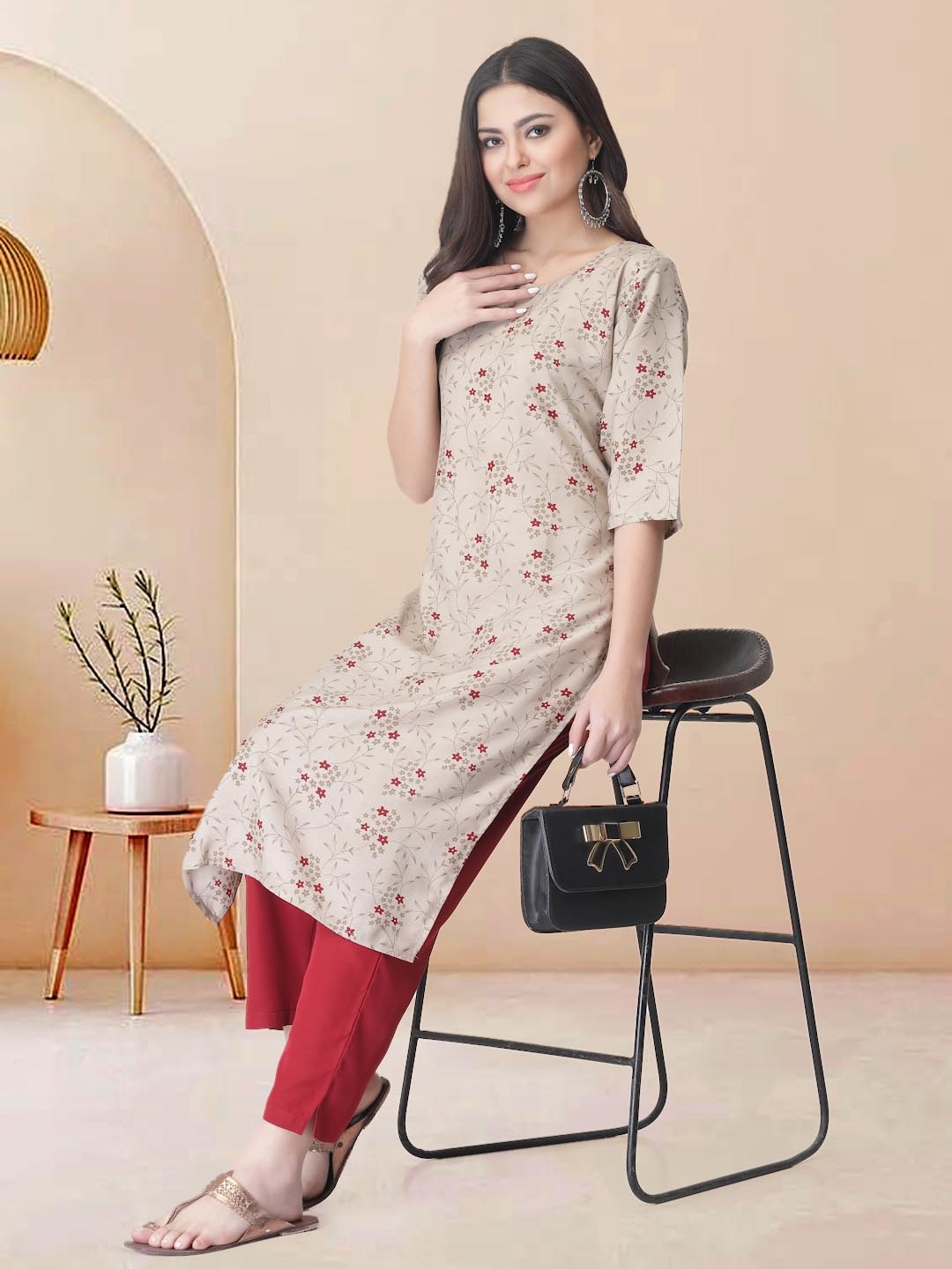 

Moda Rapido Women Floral Printed Regular Kurta with Trousers, Beige