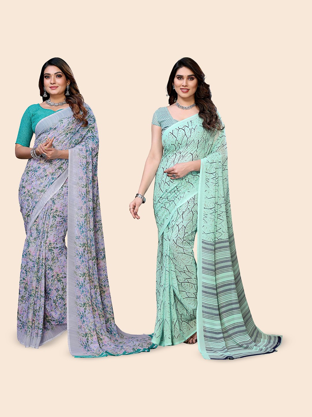 

Moda Rapido Floral Poly Georgette Saree, Sea green