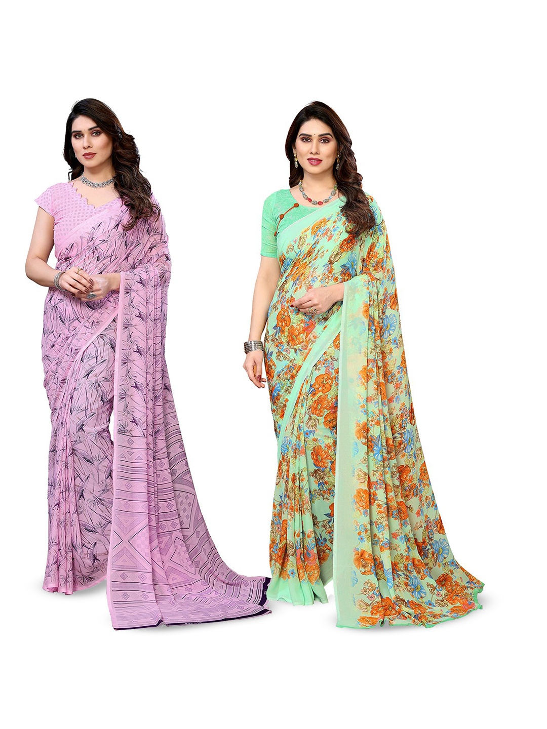 Moda Rapido Floral Poly Georgette Saree, Green