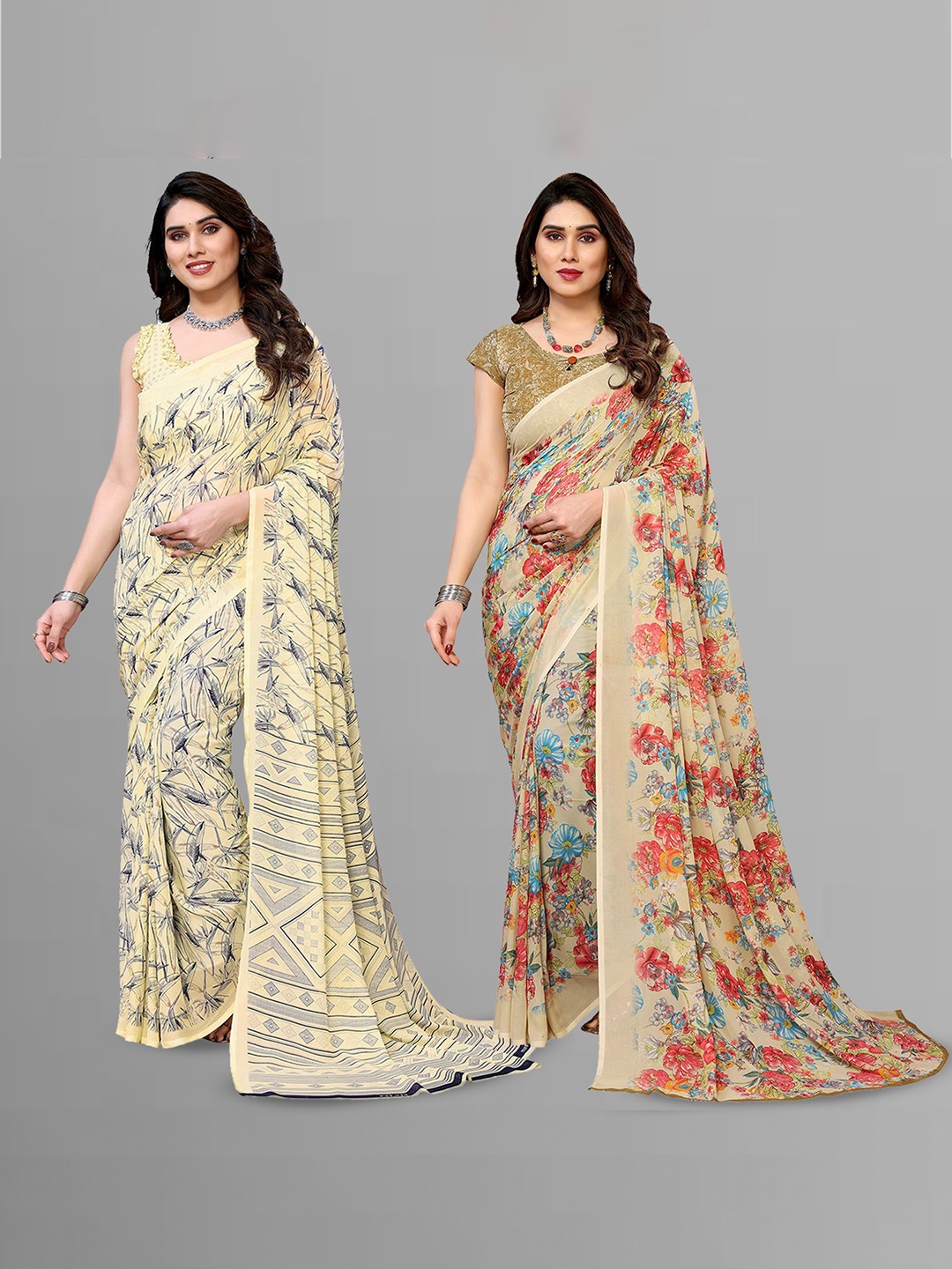 Moda Rapido Floral Poly Georgette Saree, Yellow