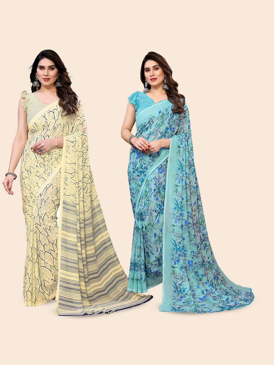 Moda Rapido Floral Poly Georgette Saree, Blue