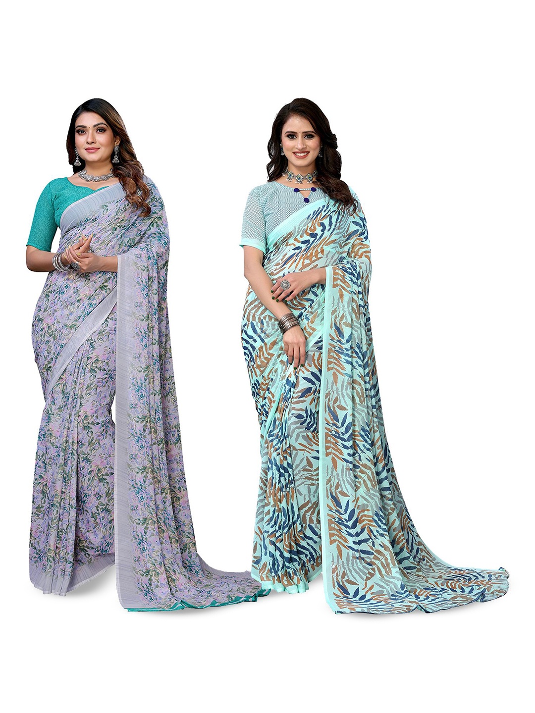 Moda Rapido Floral Poly Georgette Saree, Blue