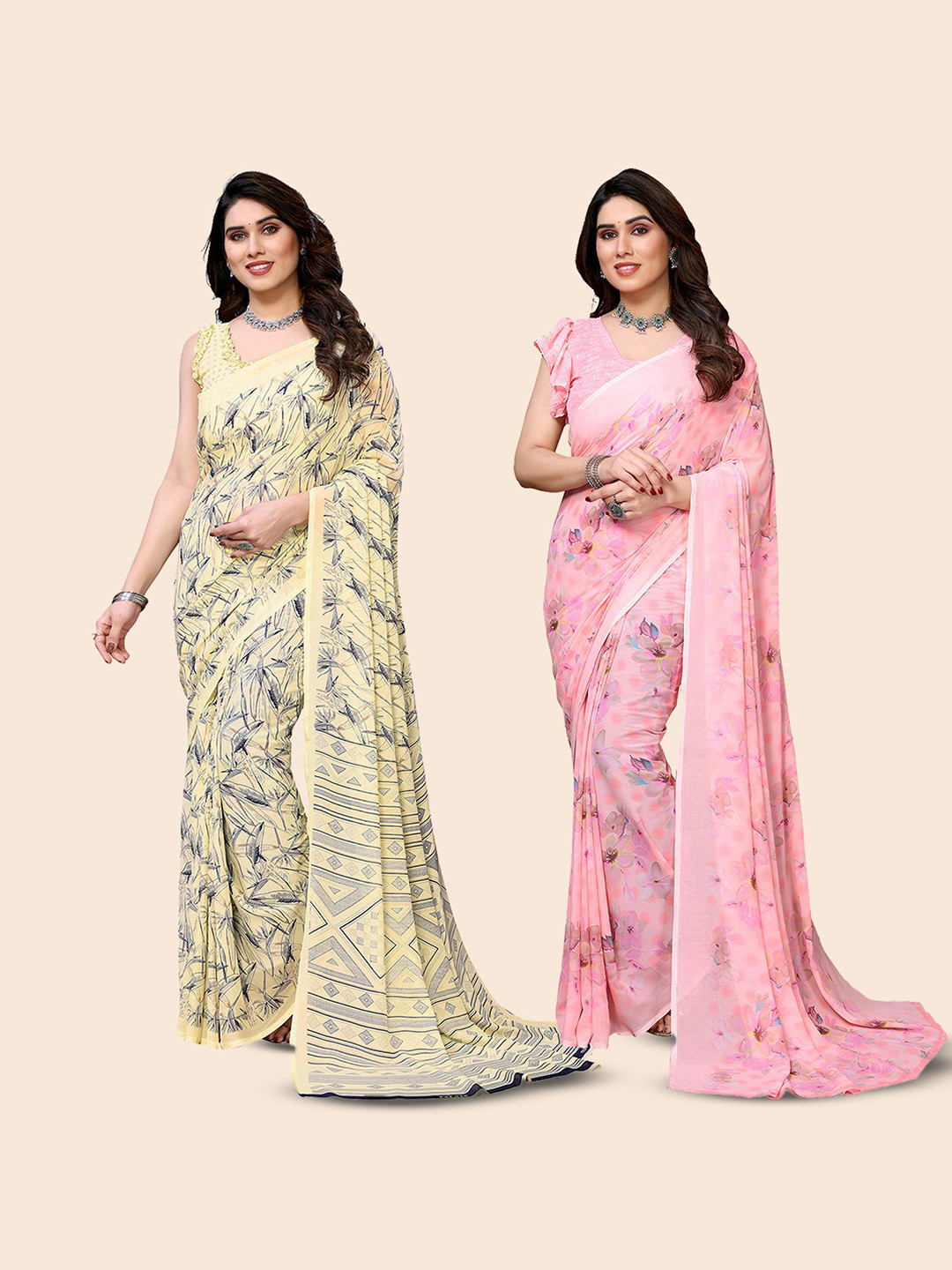 

Moda Rapido Floral Poly Georgette Saree, Beige