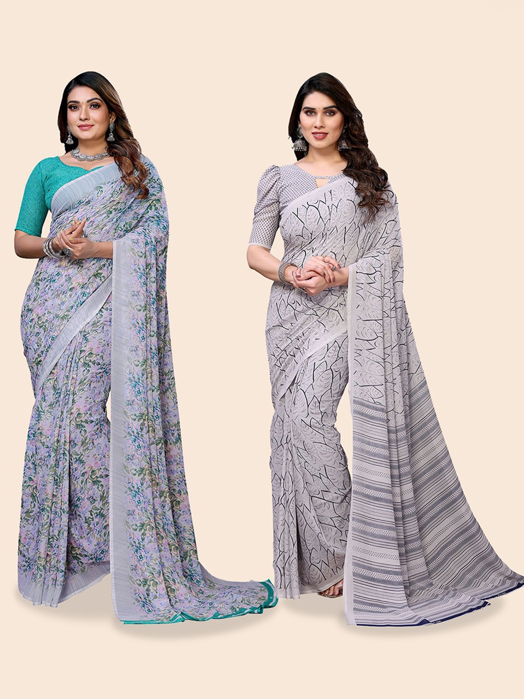 Moda Rapido Floral Poly Georgette Saree, Grey