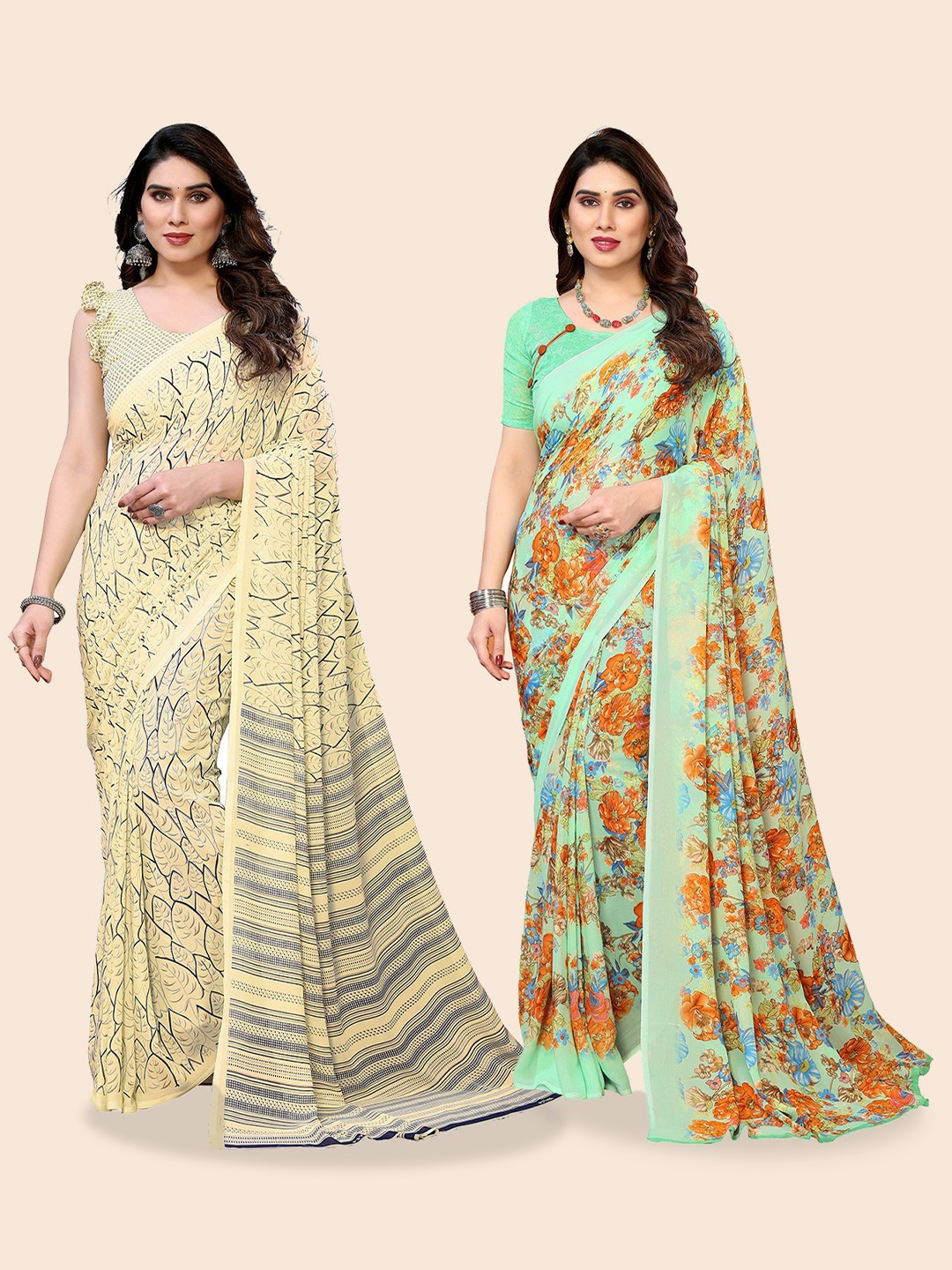 Moda Rapido Floral Poly Georgette Saree, Green