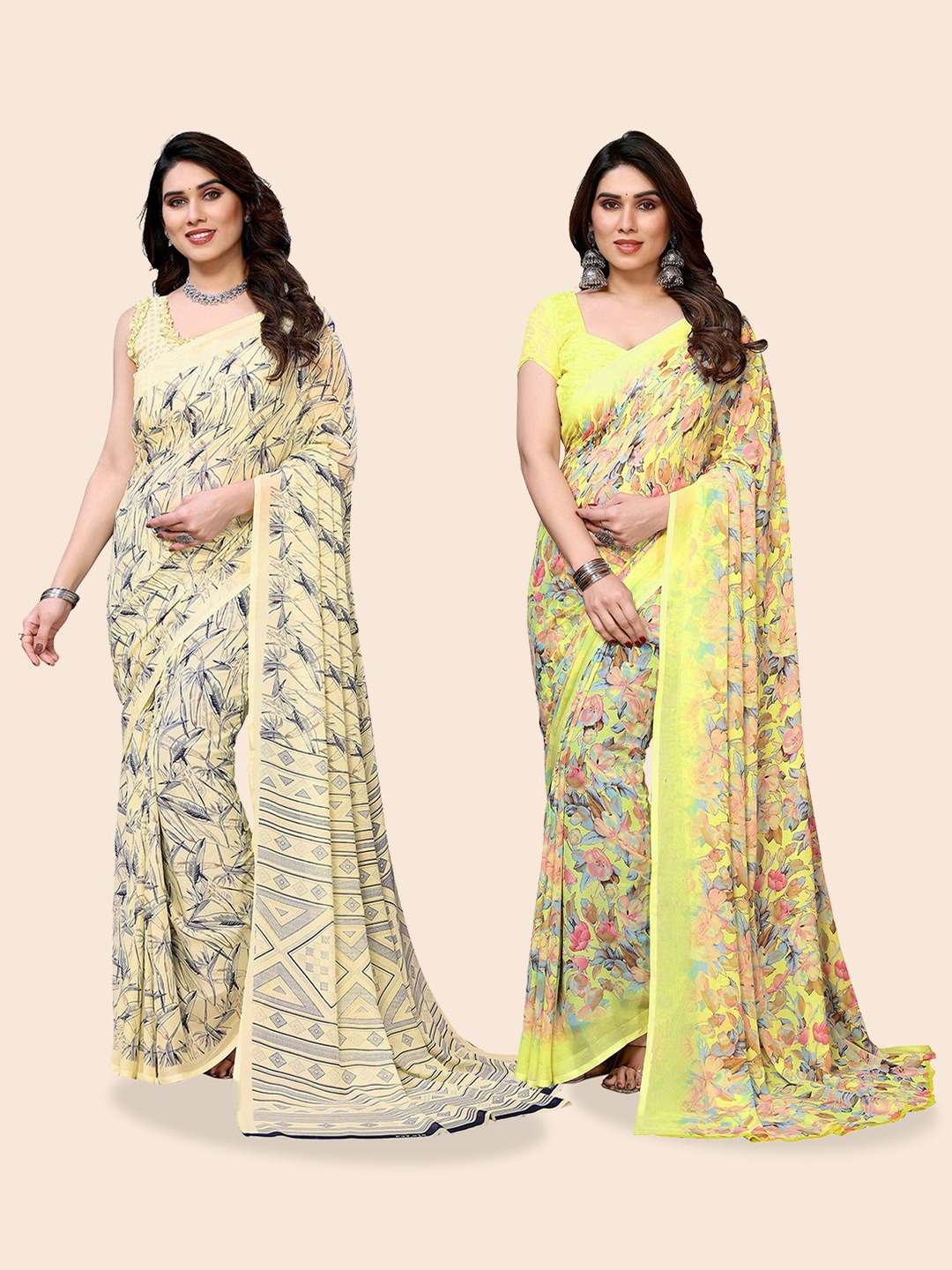 Moda Rapido Floral Poly Georgette Saree, Yellow