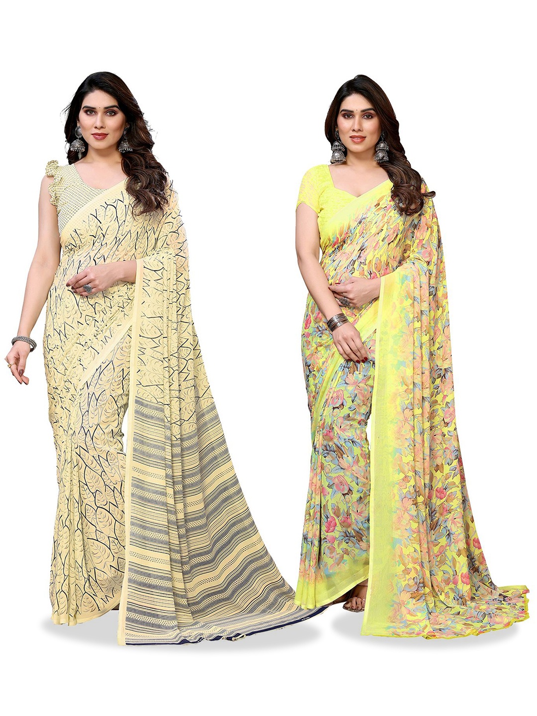 Moda Rapido Floral Poly Georgette Saree, Yellow