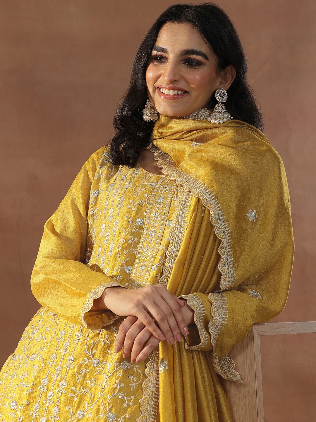 

Libas Mustard Yellow Floral Embroidered Sequinned Straight Kurta With Trousers & Dupatta