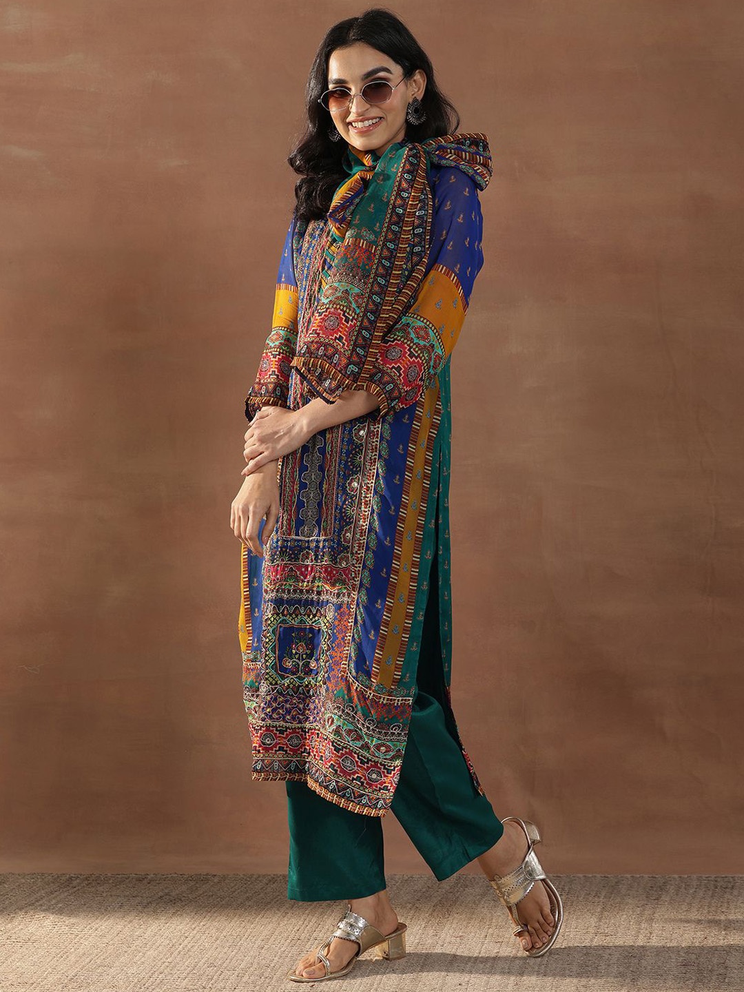 

Libas Blue Ethnic Motifs Printed Notch Neck Straight Kurta With Trousers & Dupatta