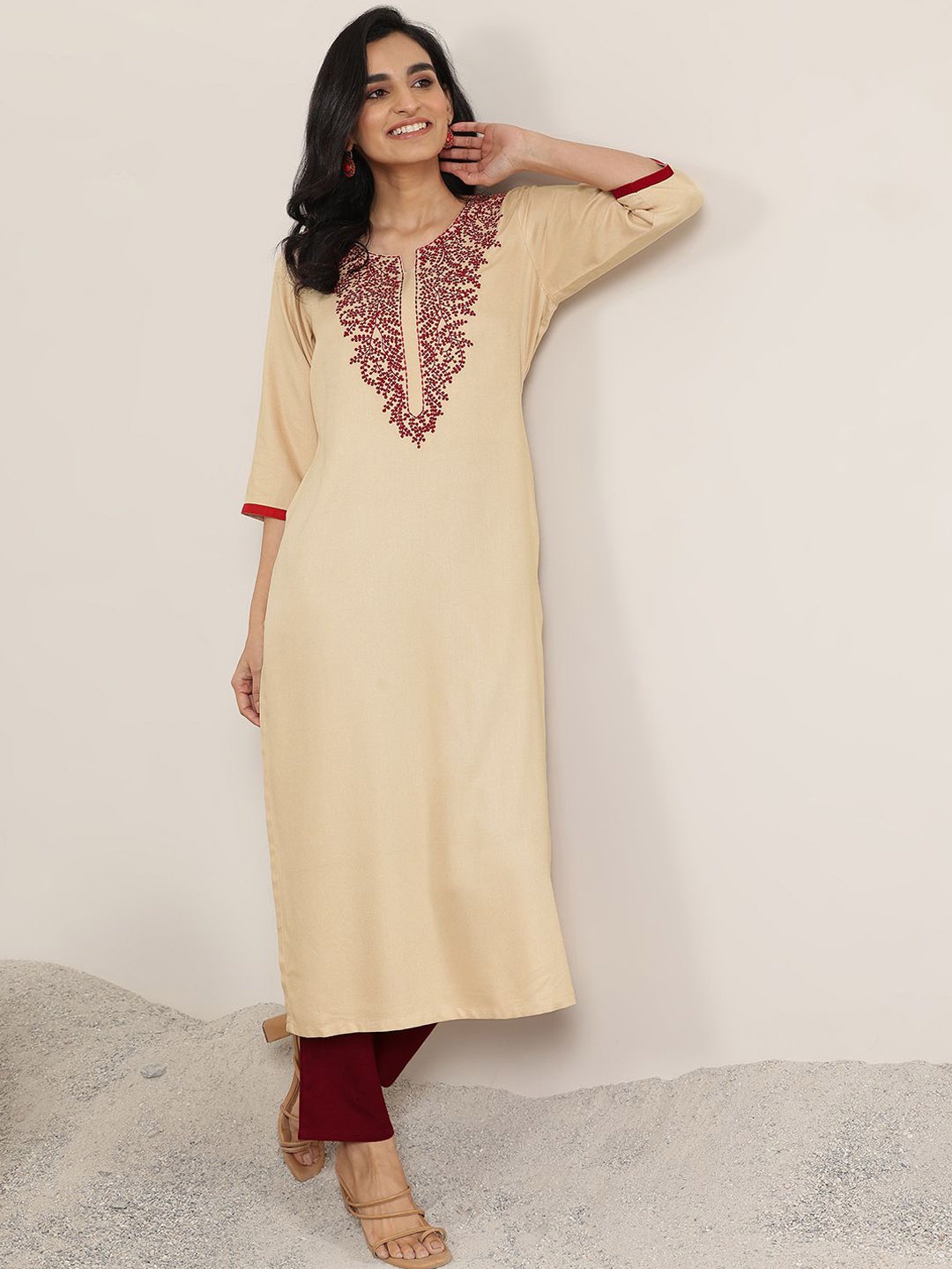 

Libas Beige Floral Yoke Design Round Neck Thread Work Straight Kurta
