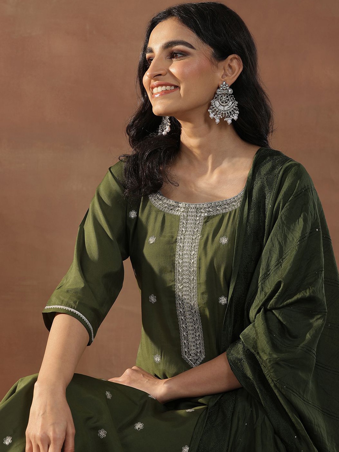 

Libas Olive Green Floral Embroidered Sequinned Straight Kurta With Trousers & Dupatta