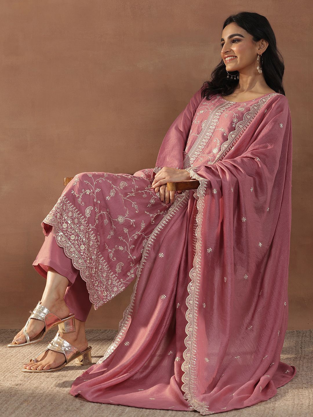 

Libas Pink Floral Embroidered Sequinned Straight Kurta With Trousers & Dupatta