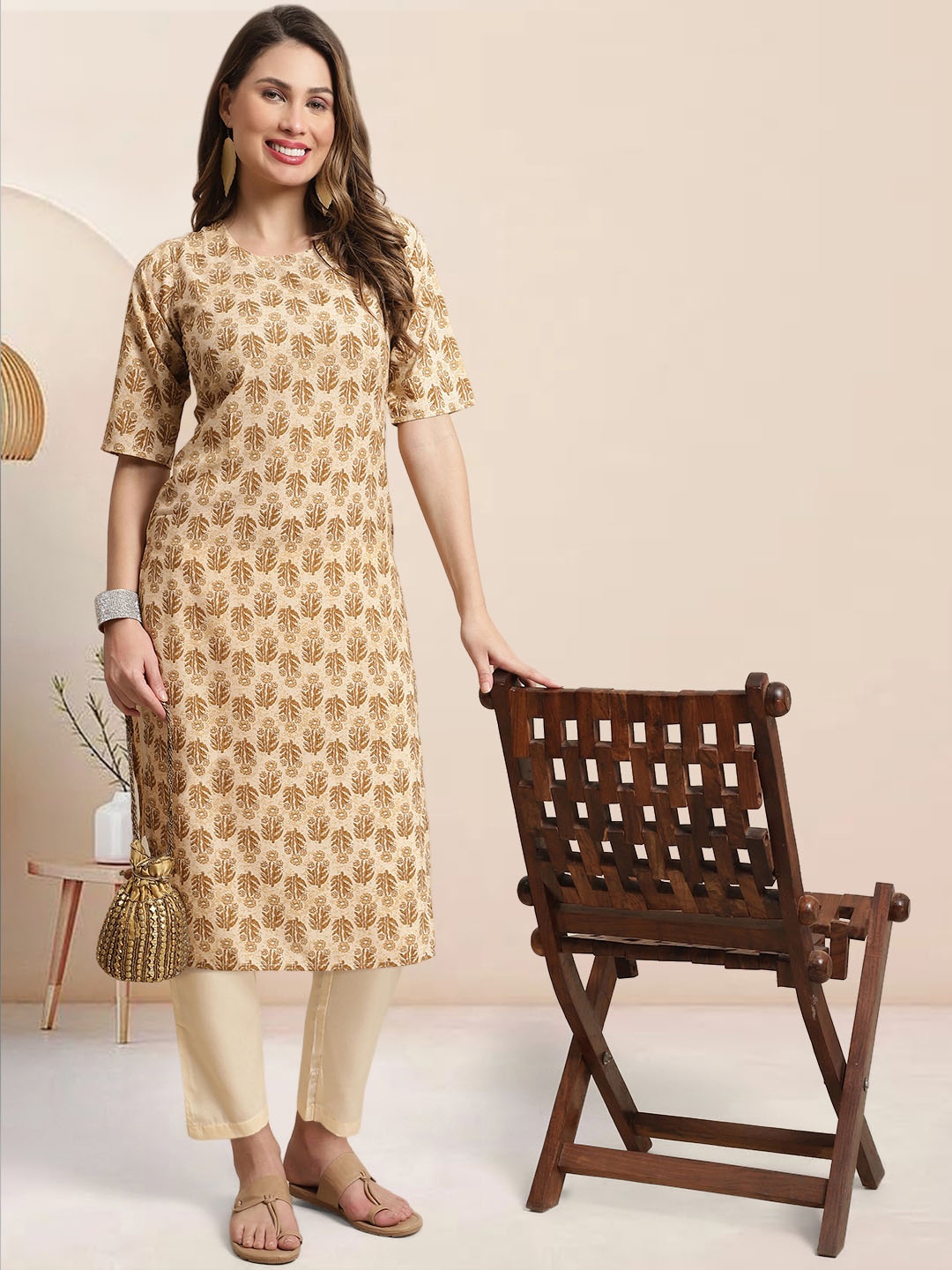 

Moda Rapido Women Floral Printed Regular Kurta with Trousers, Beige