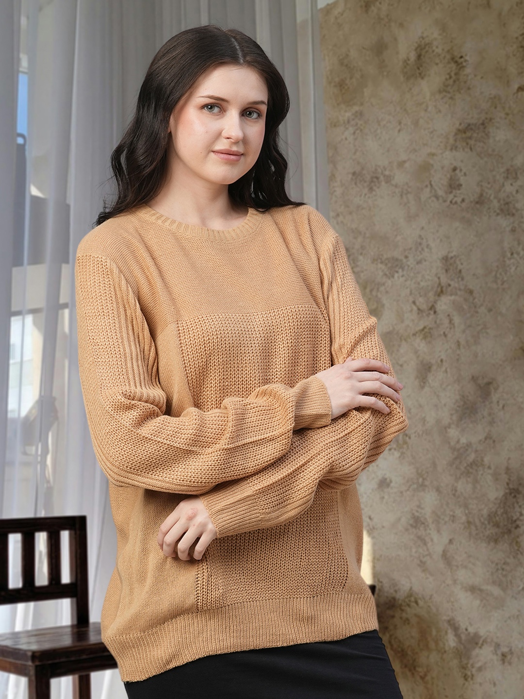 

PRONK Women Ribbed Pullover, Beige