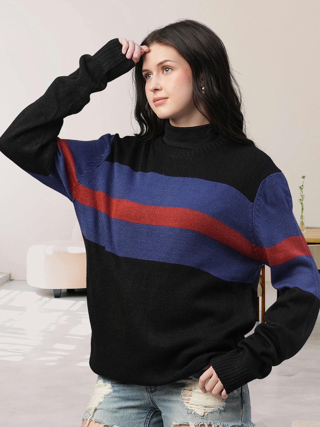 

PRONK Women Striped Pullover, Black