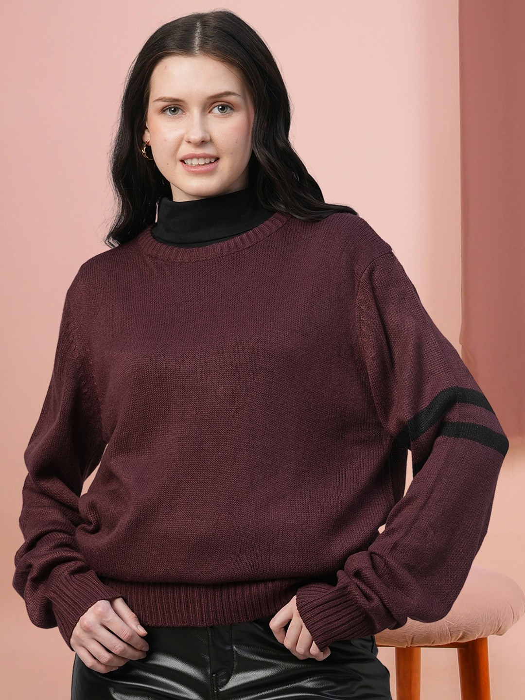 

PRONK Women Open Knit Pullover, Maroon