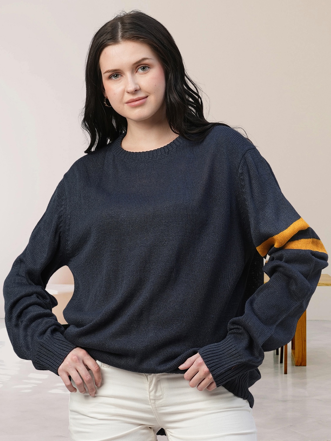 

PRONK Women Self Design Pullover Sweater, Navy blue