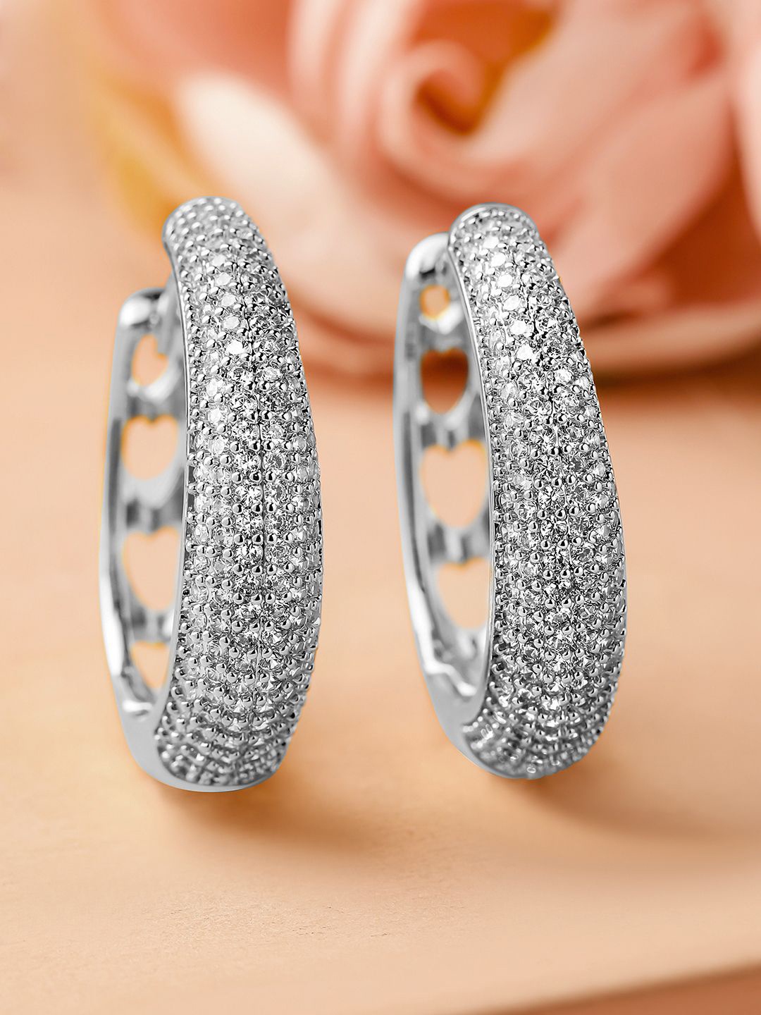 

Rubans Rhodium-Plated Cubic Zirconia Studded Sleek Hoop Earrings, Silver