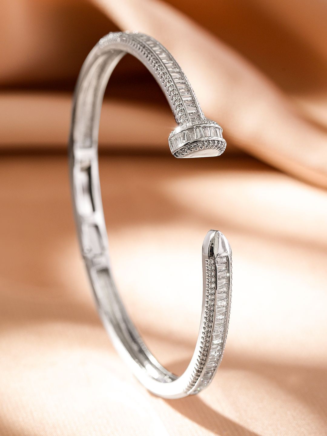 

Rubans Rhodium-Plated Baguette Cubic Zirconia Openable Cuff Bracelet, Silver