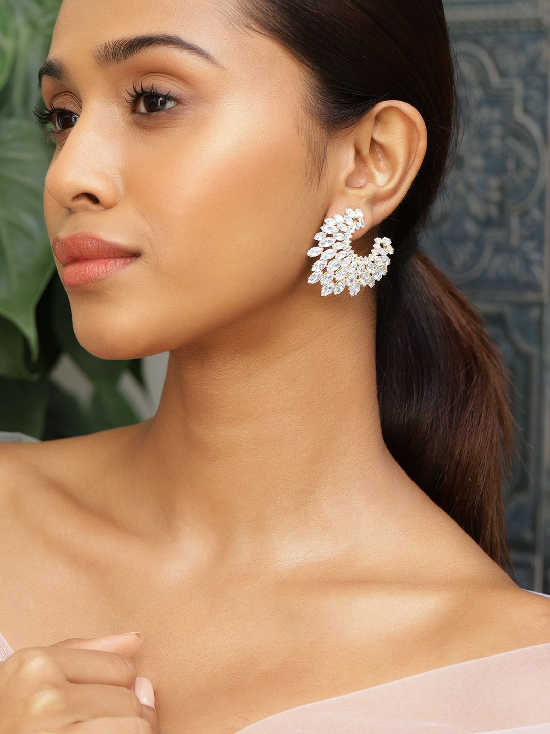 

Rubans 18K Gold-Plated Cubic Zirconia Studded Fan-Shaped Statement Stud Earrings