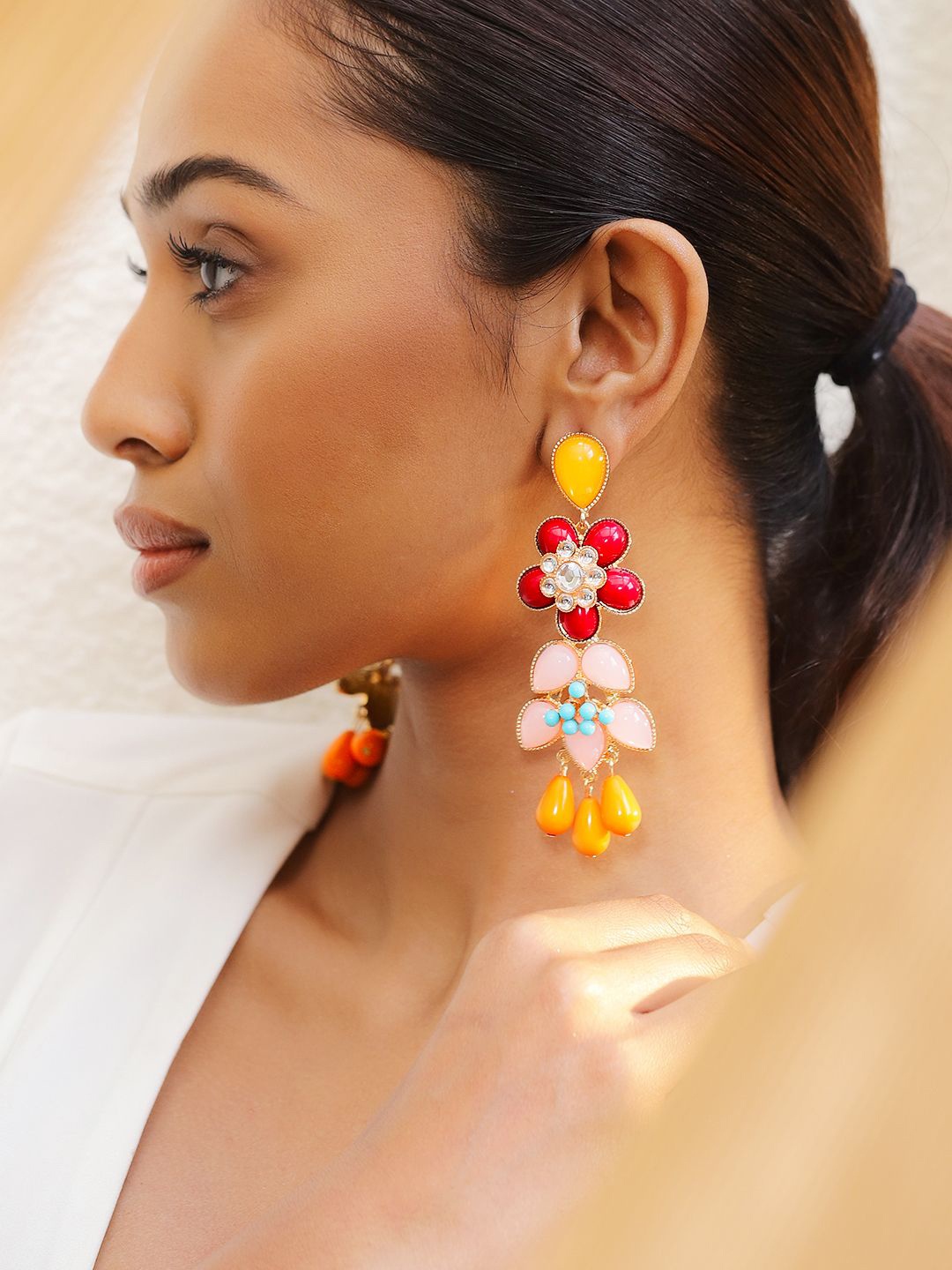 

Rubans 18K Gold-Plated Multi-Color Floral Statement Big Drop Earrings