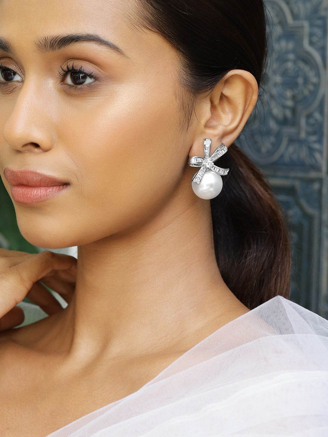 

Rubans Rhodium-Plated Cubic Zirconia & Pearl Bow Design Stud Earrings, Silver