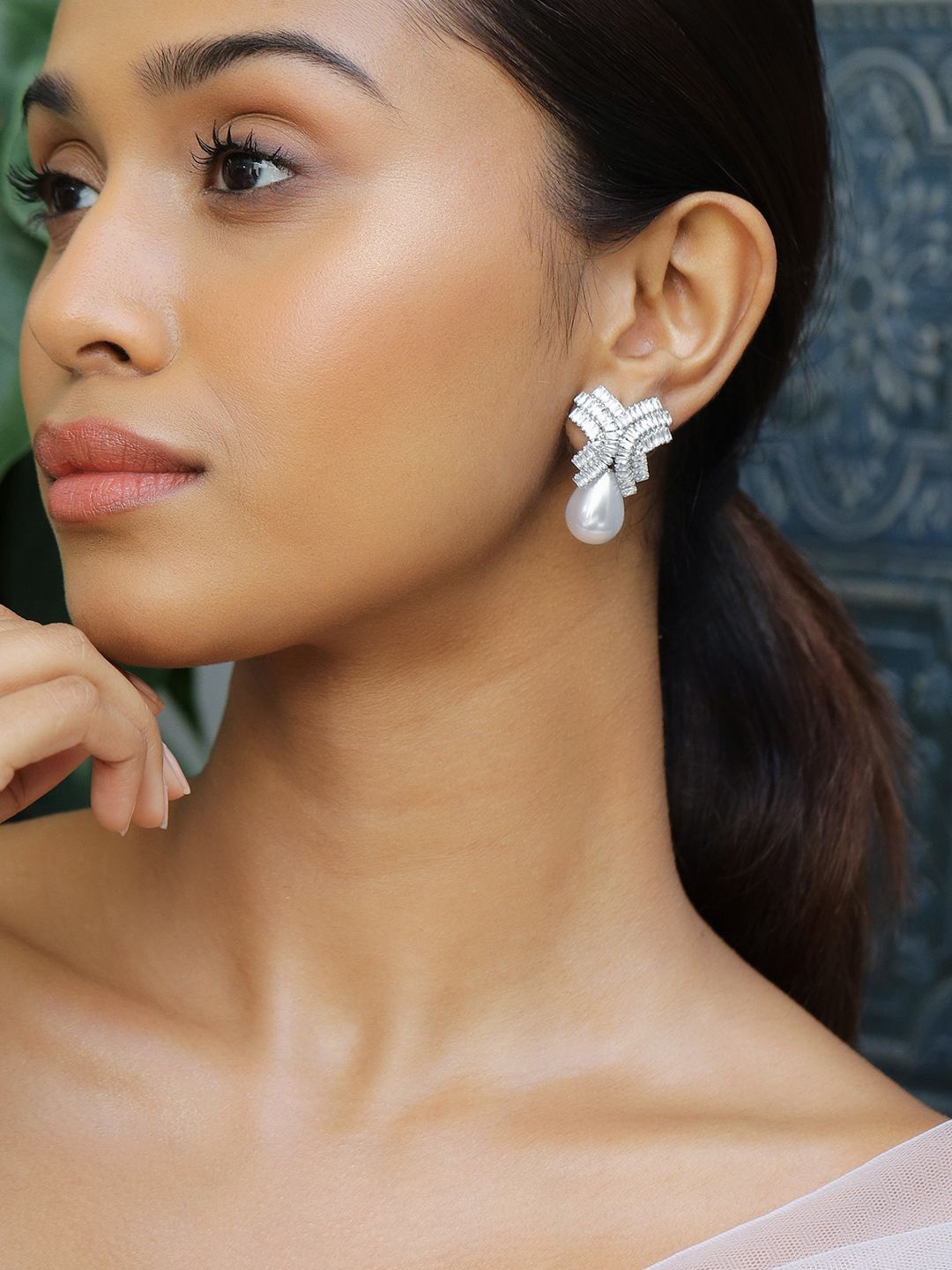 

Rubans Rhodium-Plated Cubic Zirconia & Pearl Drop Earrings, Silver