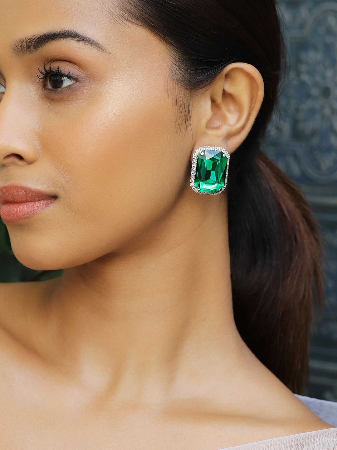 

Rubans Rhodium-Plated Emerald Green & Cubic Zirconia Studded Statement Studs Earrings, Silver