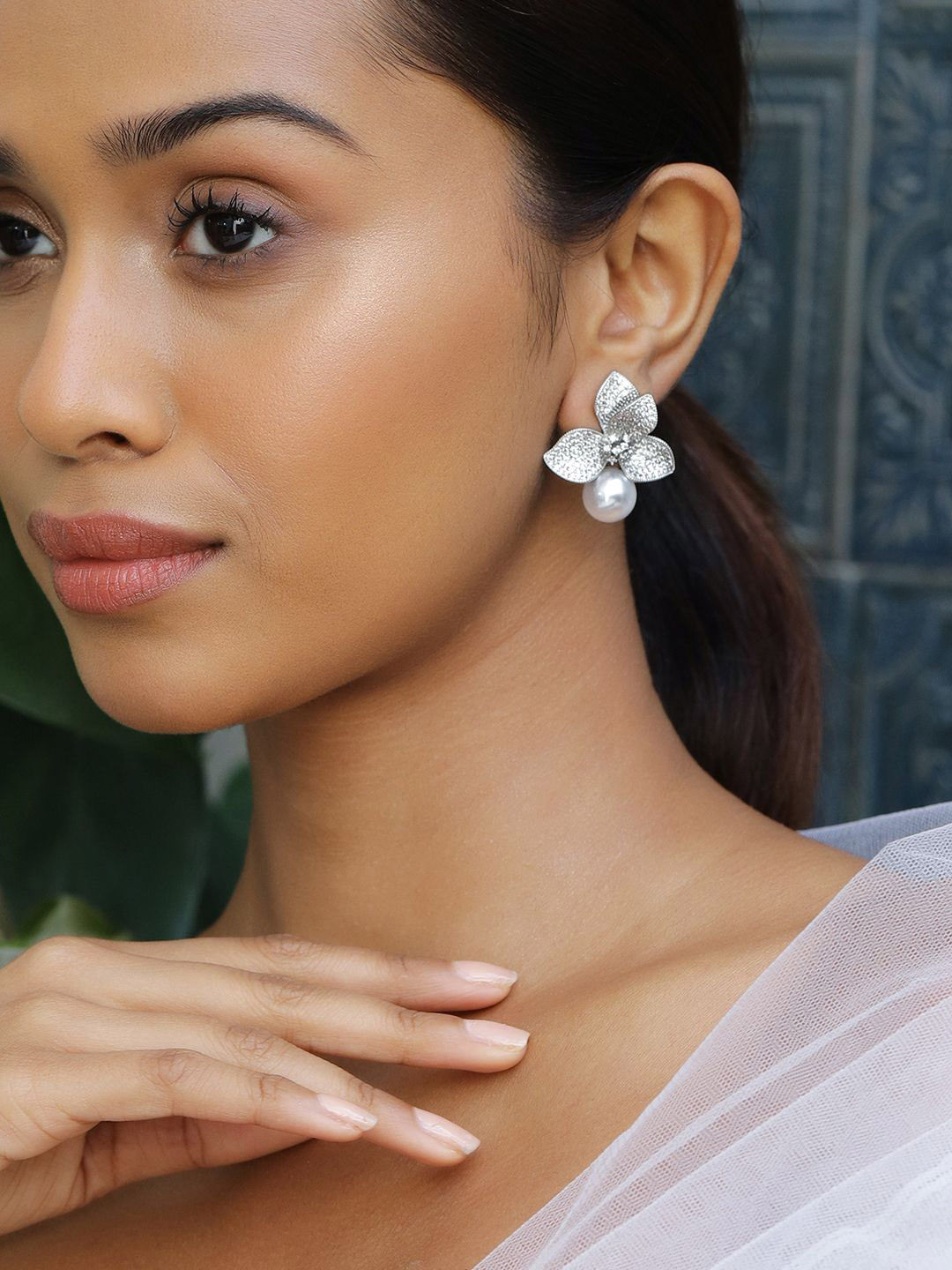 

Rubans Rhodium Plated Cubic Zirconia Studded Floral Pearl Drop Earrings, Silver