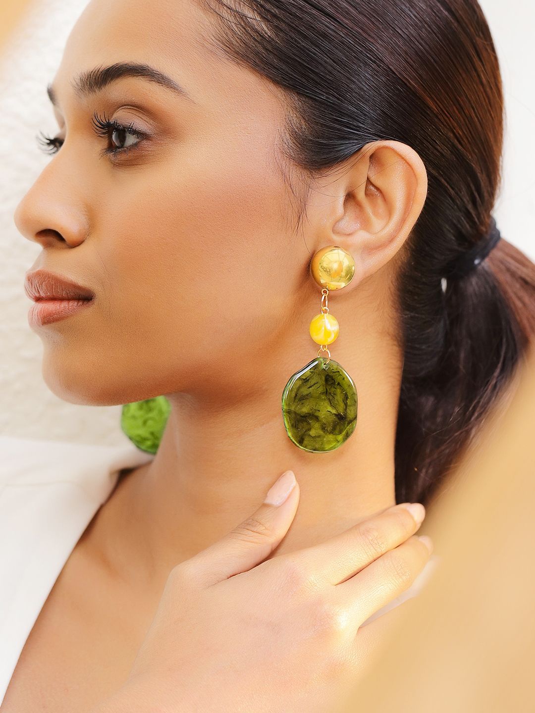 

Rubans 18K Gold-Plated Green & Yellow Beaded Stylish Drop Earrings