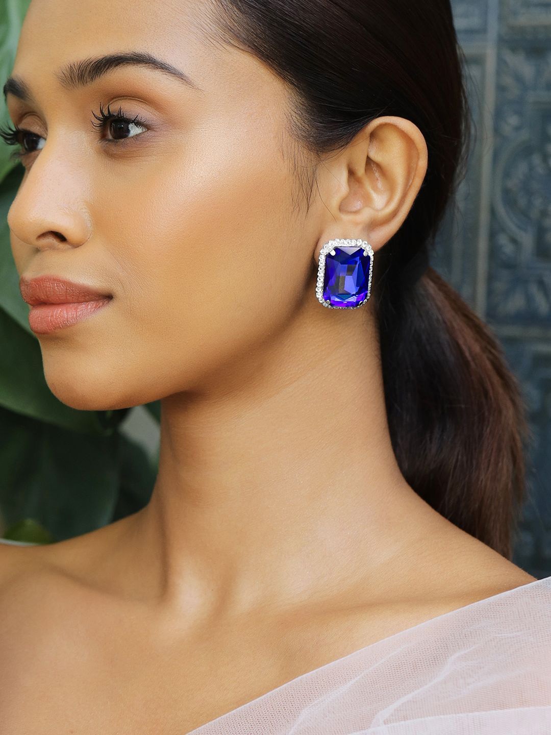 

Rubans Rhodium-Plated Blue Sapphire & Cubic Zirconia Studded Statement Studs Earrings, Silver