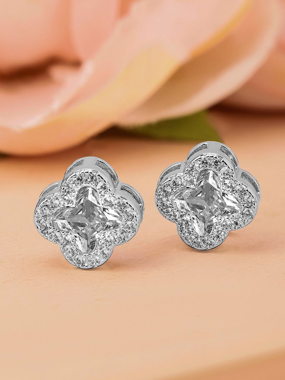 

Rubans Rhodium-Plated Cubic Zirconia Studded Clover-Shaped Stud Earrings, Silver