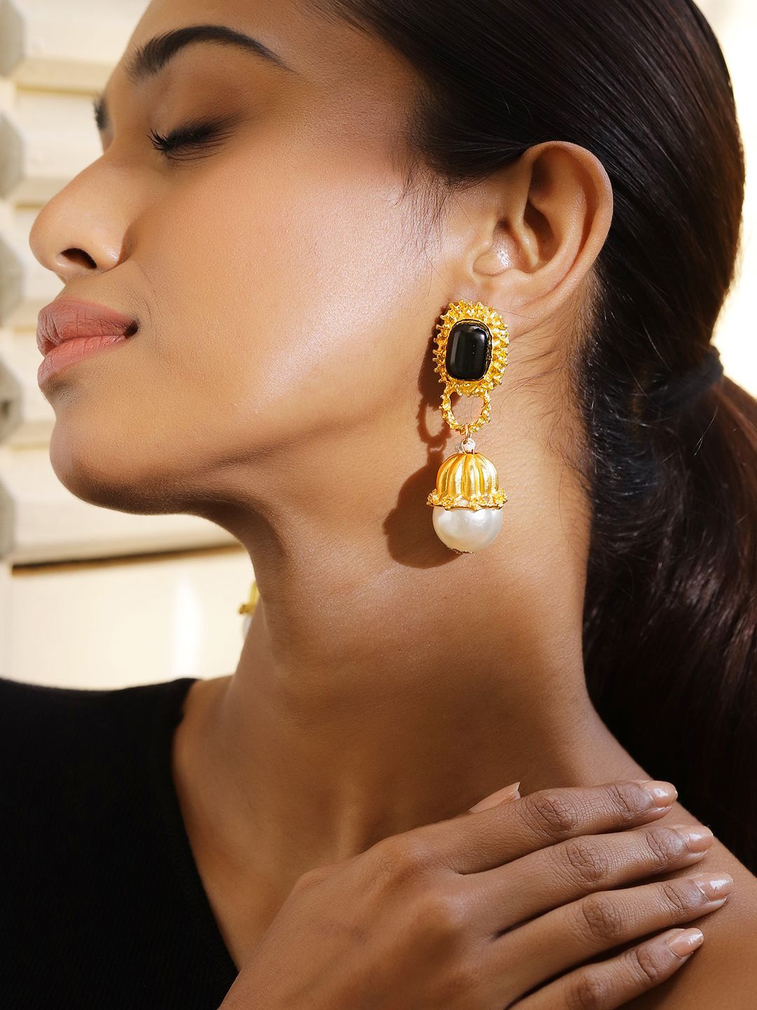 

Rubans 18K Gold-Plated Black & Pearl Beaded Drop Earrings