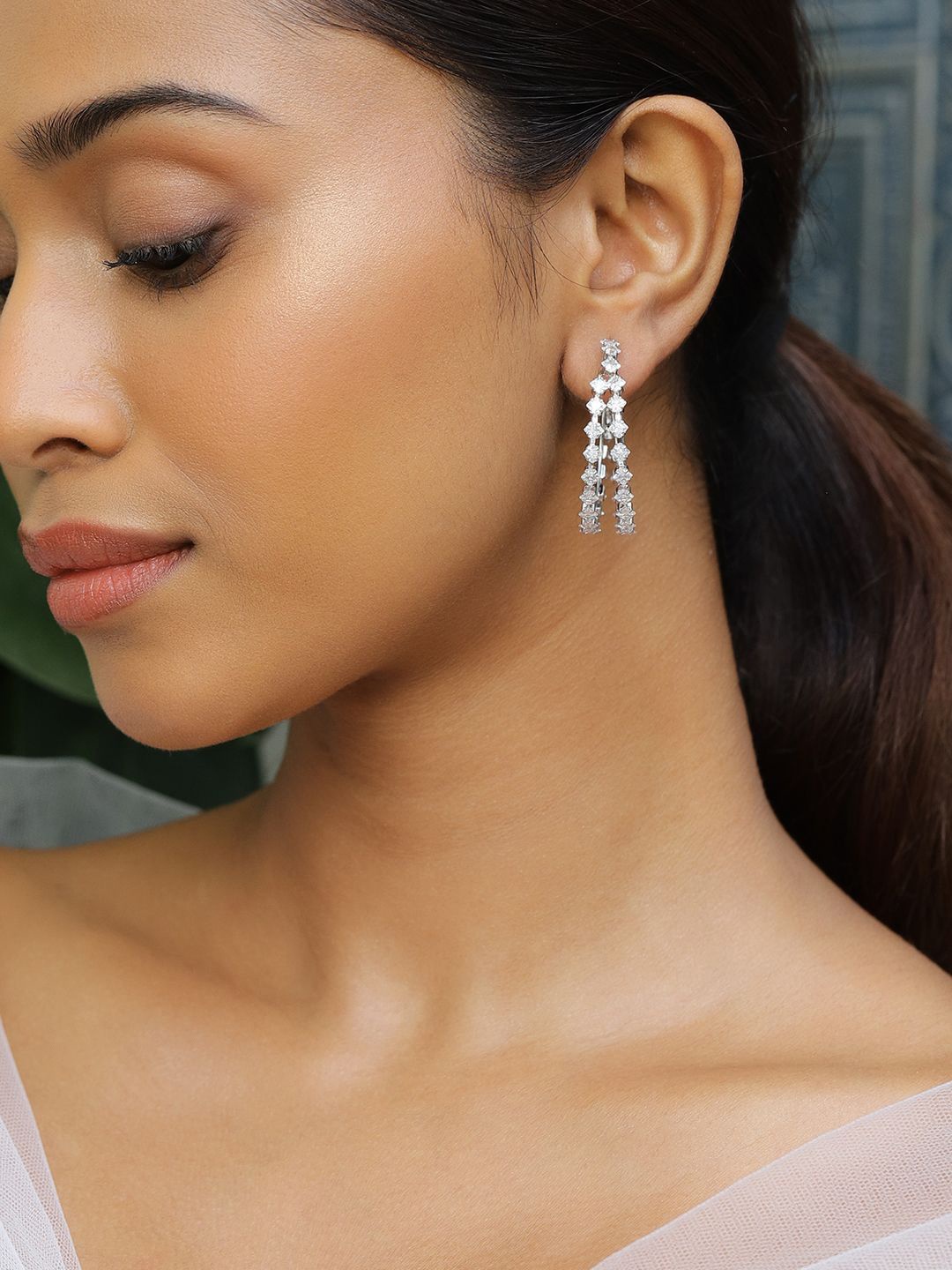 

Rubans Rhodium-Plated Cubic Zirconia Studded Elegant Double Row Hoop Earrings, Silver