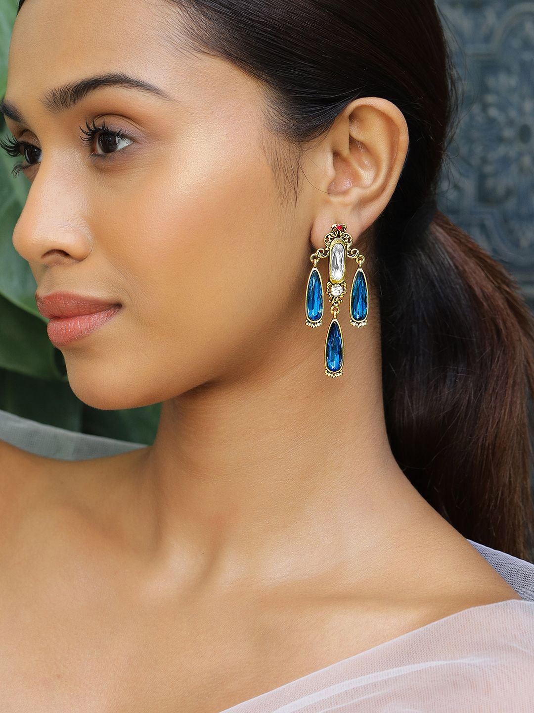 

Rubans 18K Antique Gold-Plated Blue & White Stone Chandelier Earrings