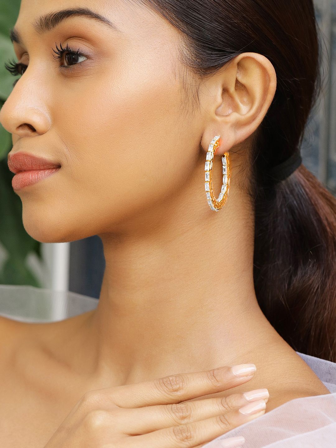 

Rubans 18K Gold-Plated Cubic Zirconia Studded Baguette-Cut Hoop Earrings