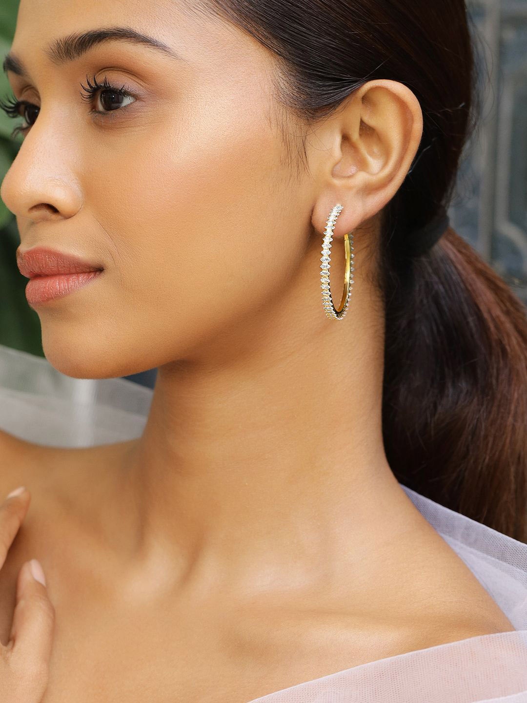 

Rubans 18K Gold-Plated Cubic Zirconia Studded Statement Hoop Earrings, Silver