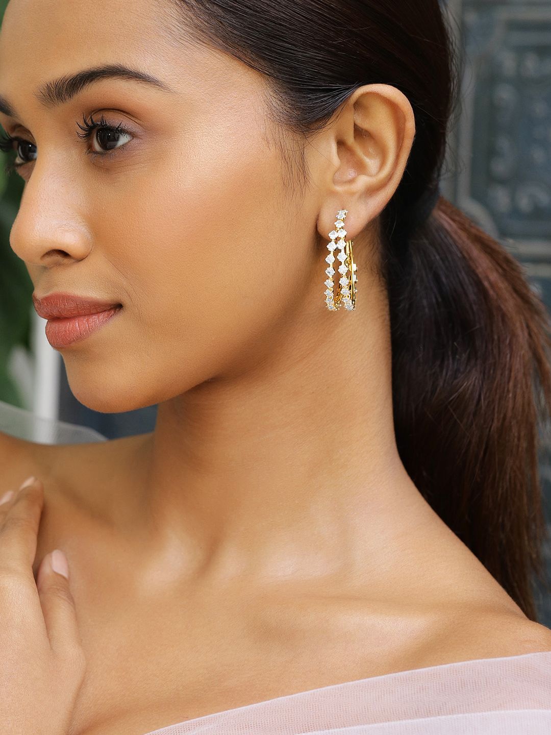

Rubans 18K Gold-Plated Cubic Zirconia Studded Elegant Double Row Hoop Earrings, Silver