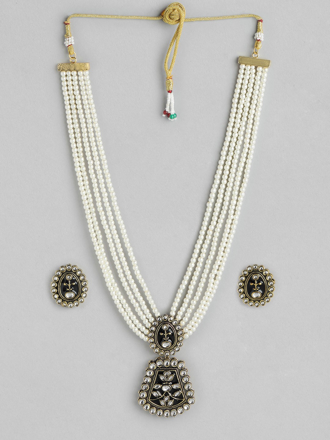 

Anouk Pearl Gold Plated Kundan Studded Beaded Layered Necklace & Earring Set, Black