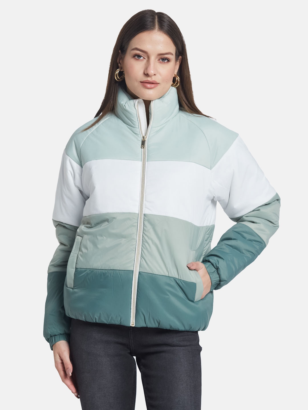 

METTLE Women Colourblocked Puffer Jacket, Green