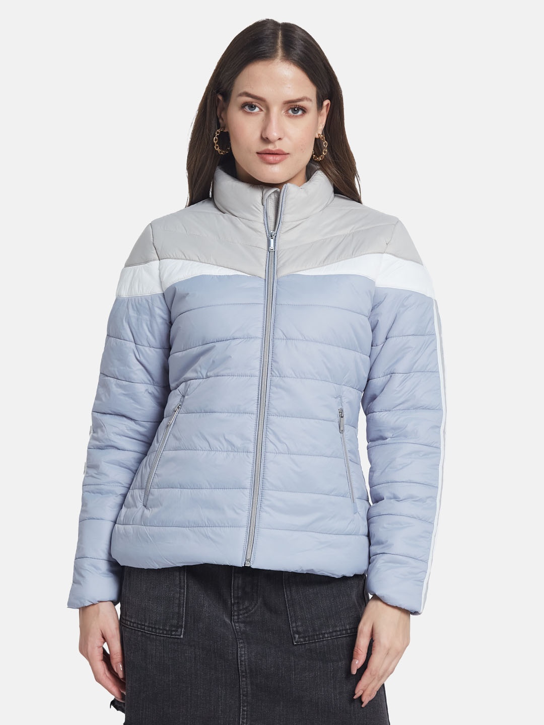 

METTLE Women Colourblocked Padded Jacket, Blue