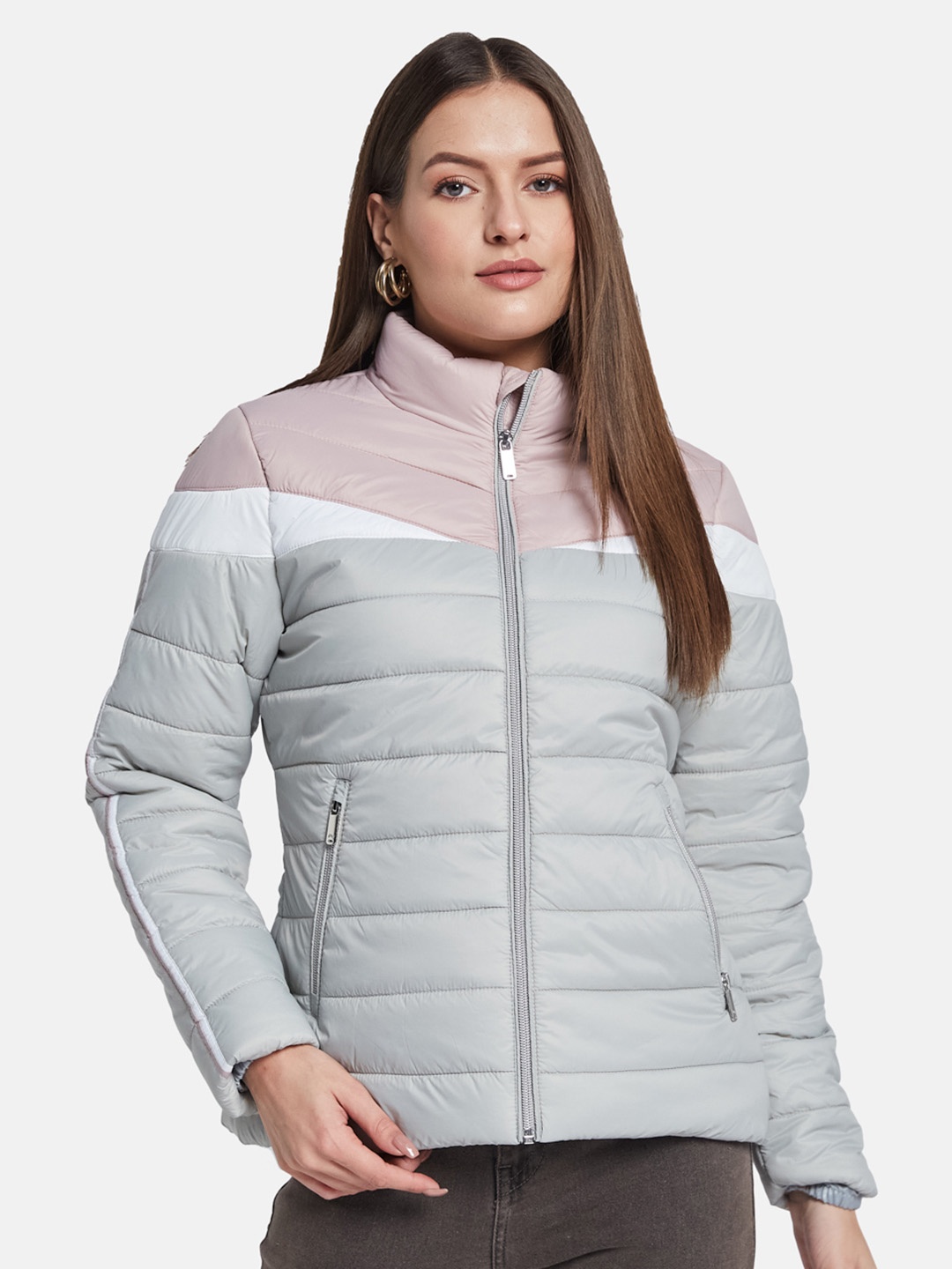 

METTLE Women Colourblocked Puffer Jacket, Grey